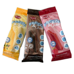 Freeze & Chew Bar - "zamraz a žvýkej", pamlsek pro psy 65 g, [18], čoko/vanilka/jahoda - LIMITOVANÁ