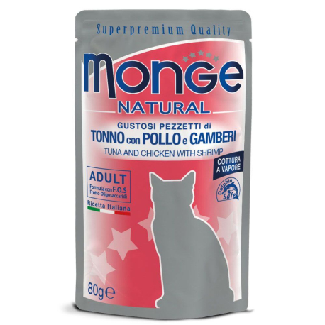 MONGE NATURAL kapsička tuňák a kuře v želé s krevetami pro kočky 80 g